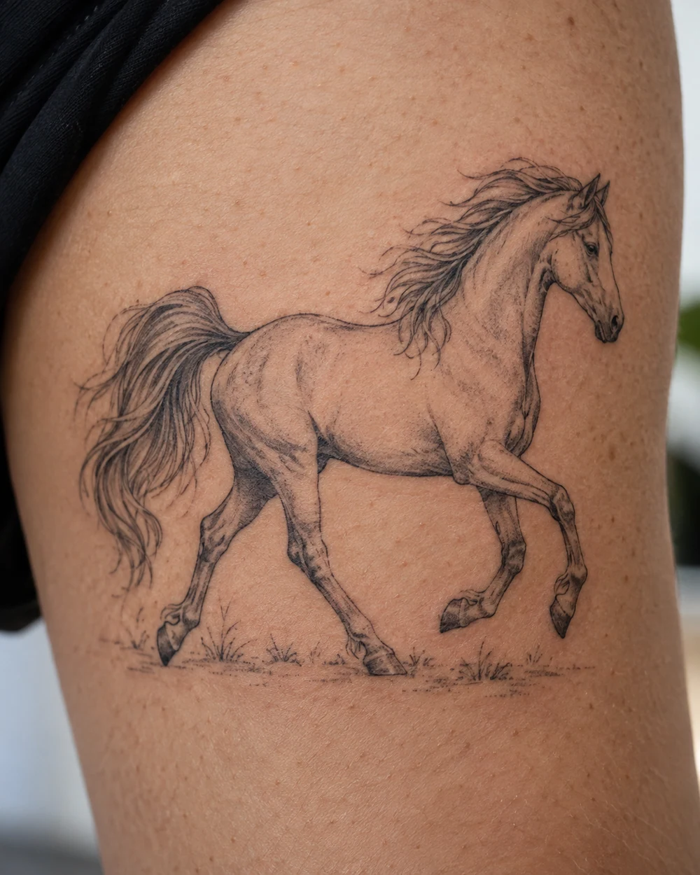 Fine-line black and gray tattoo of a trotting horse with lifted legs, flowing mane and long curved tail, placed on the outer upper arm