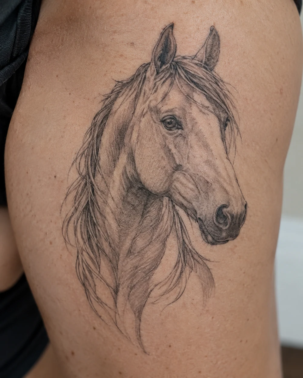 Fine-line three-quarter horse head tattoo with upright ears on an upper arm