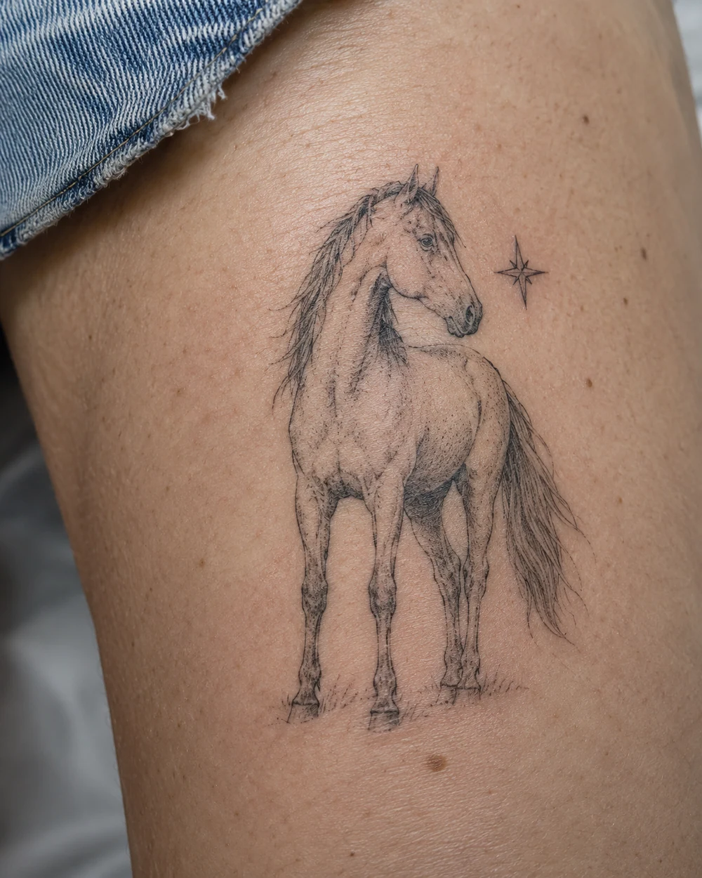 Fine-line standing horse and outlined star tattoo