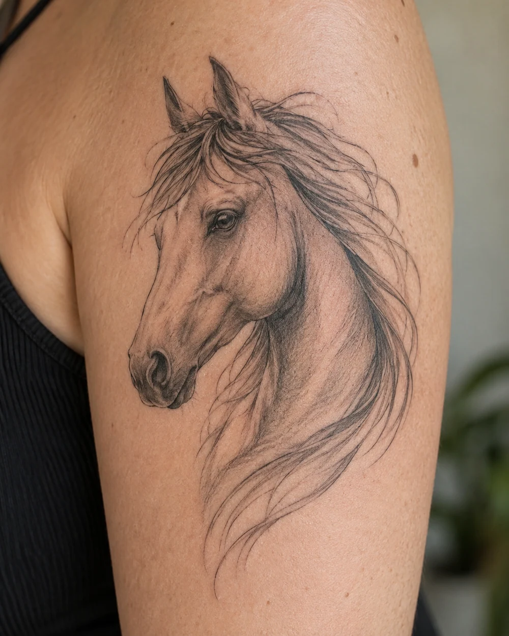 Fine-line horse head and curved neck tattoo with sweeping mane strokes on the upper arm