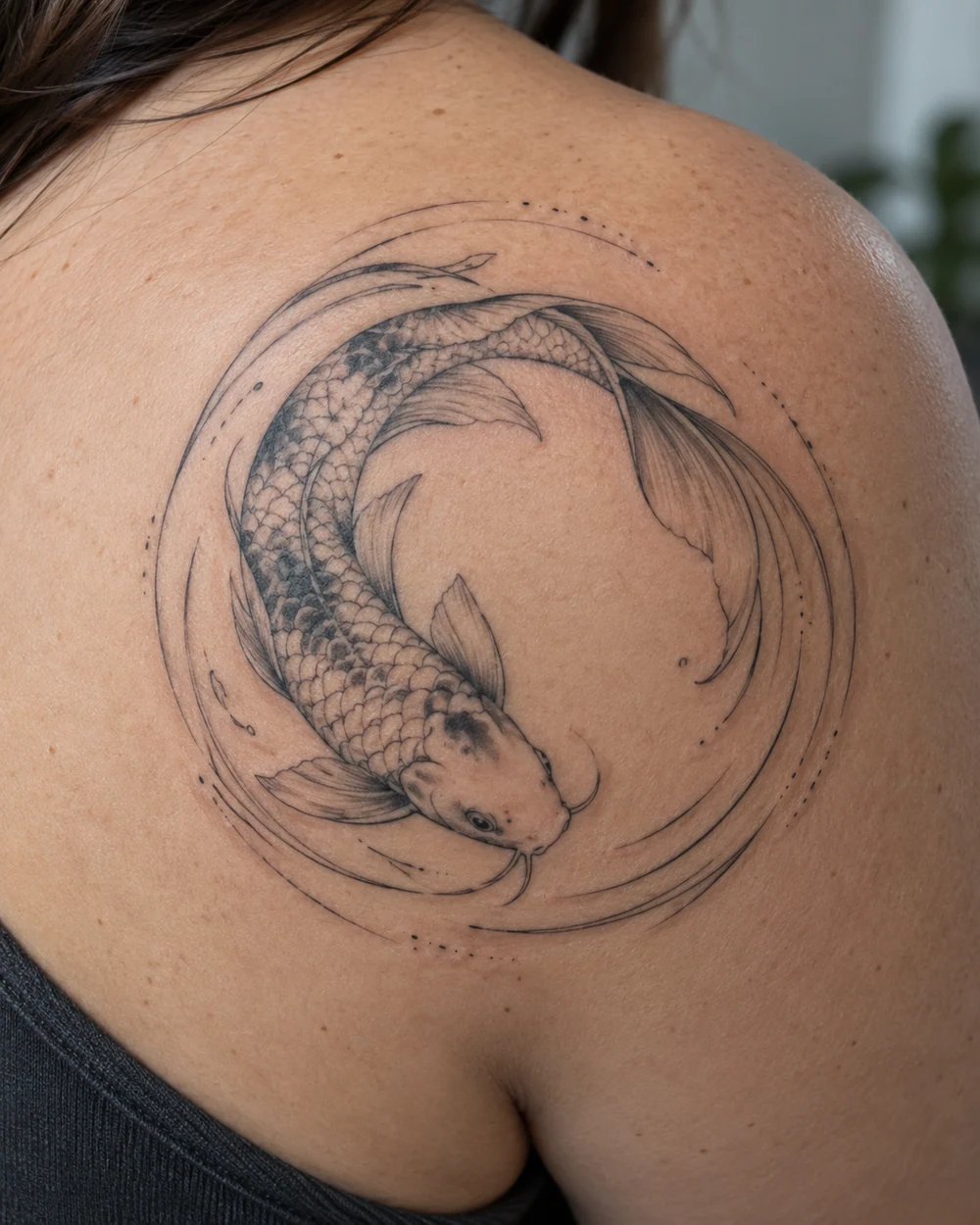 Fine-line koi fish tattoo curling into a near-circle with water rings on a shoulder