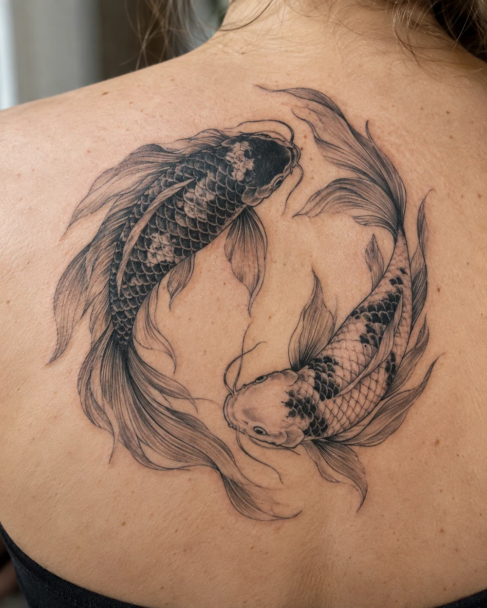 Fine-line black and gray tattoo of two koi fish circling nose-to-tail on the upper back