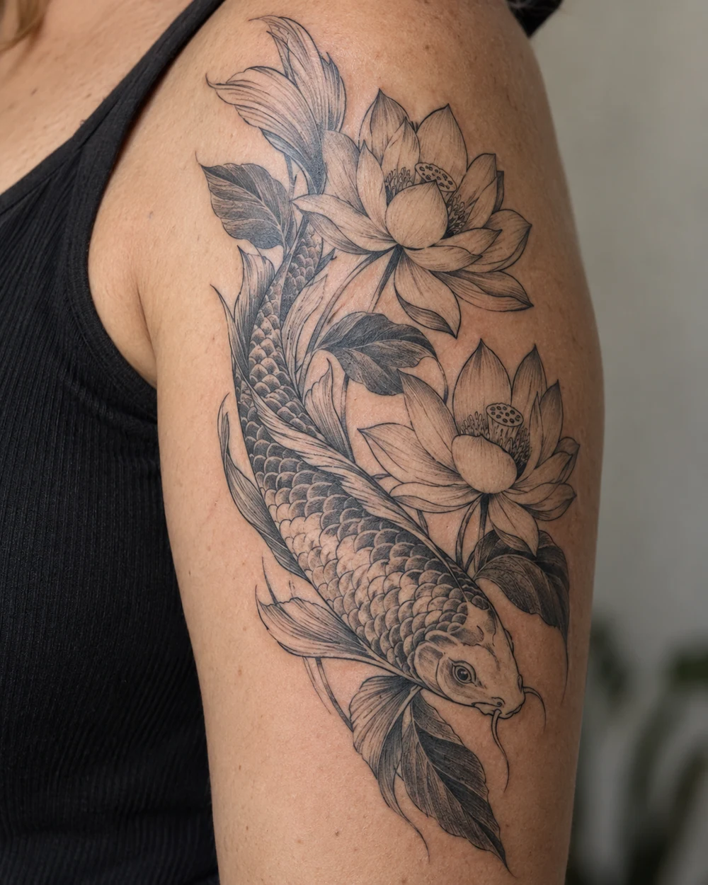 Fine-line koi fish tattoo passing lotus flowers on an upper arm
