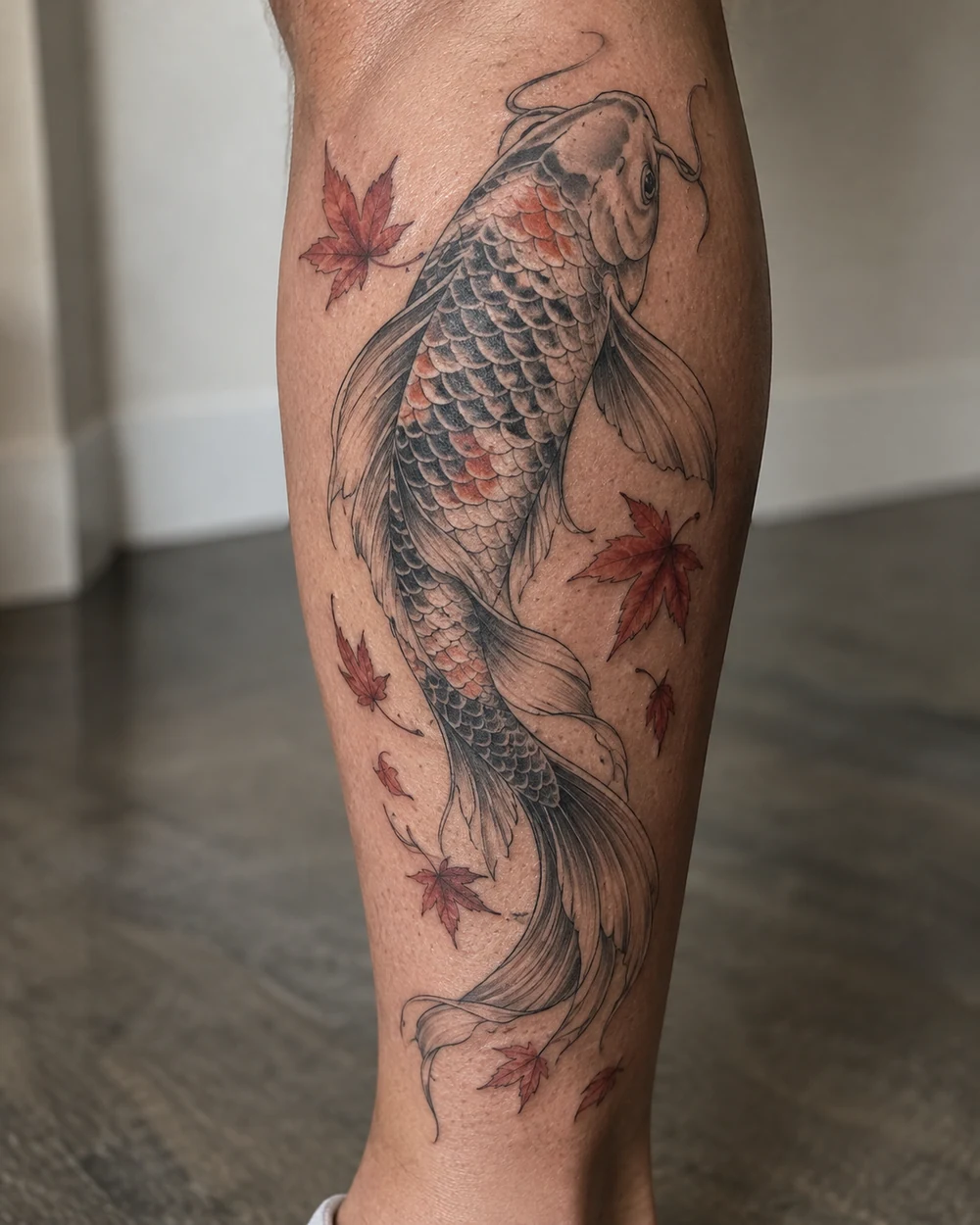 Fine-line upward koi fish tattoo with flowing fins and scattered red maple leaves on a calf