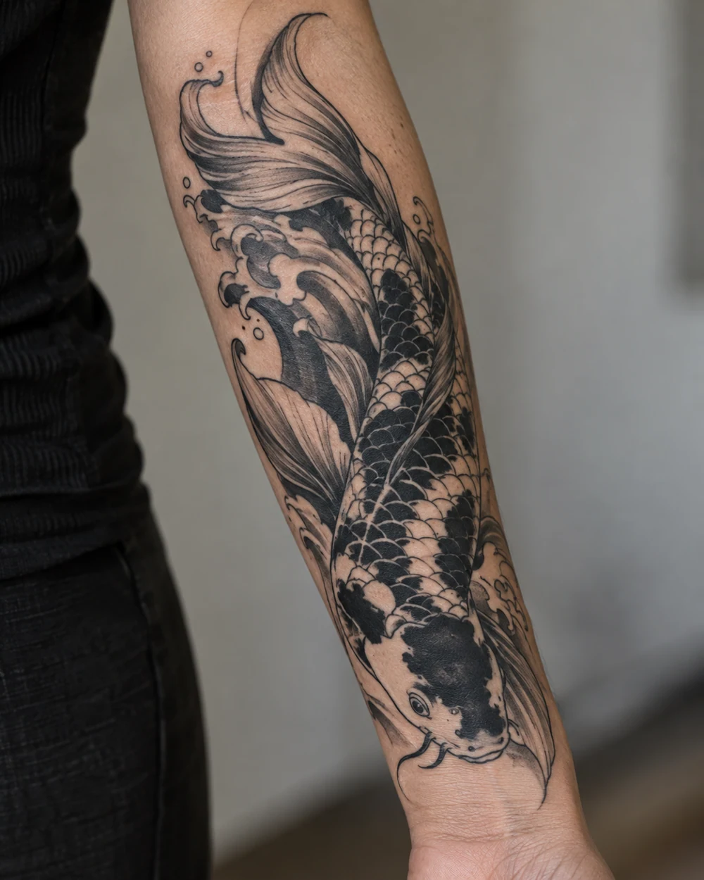 Blackwork koi fish tattoo with bold patches and negative-space scales curving along an adult forearm