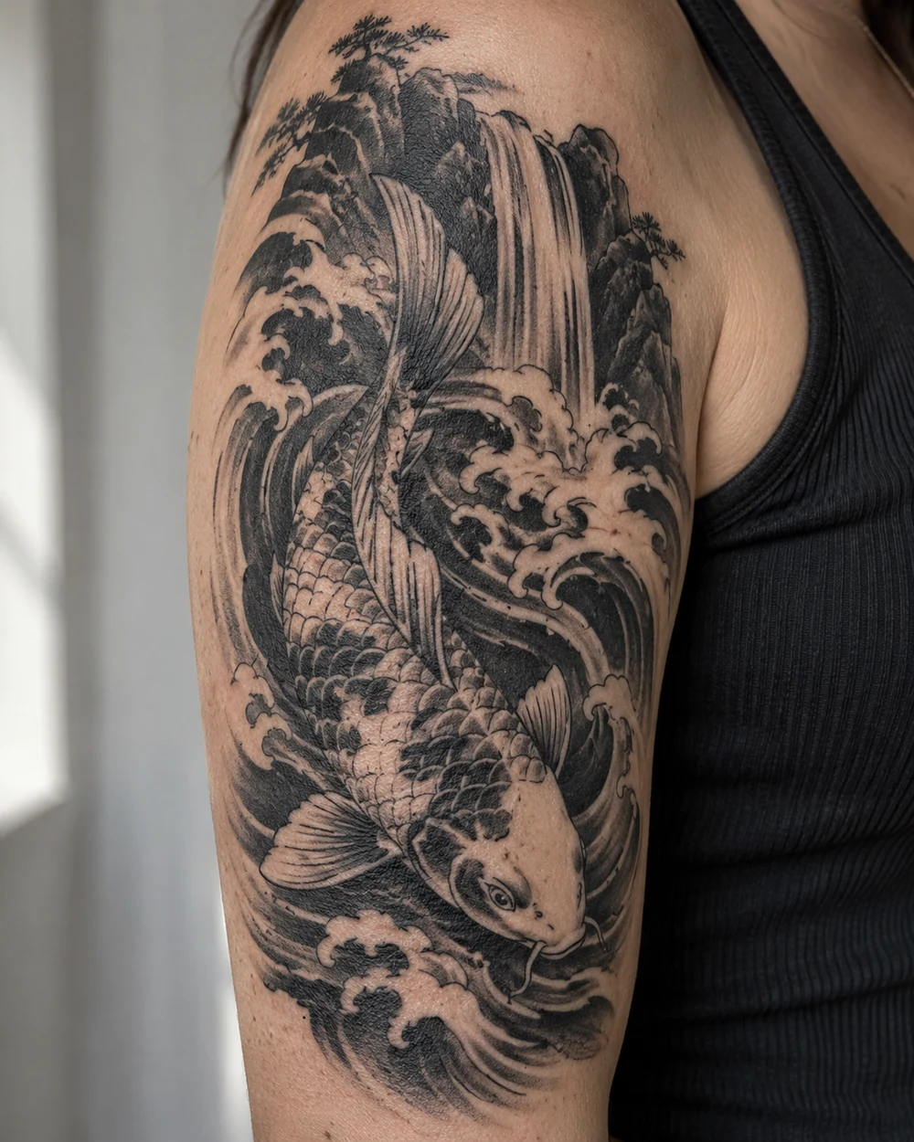 Vertical blackwork koi tattoo turning beneath a waterfall amid curling waves on an upper arm