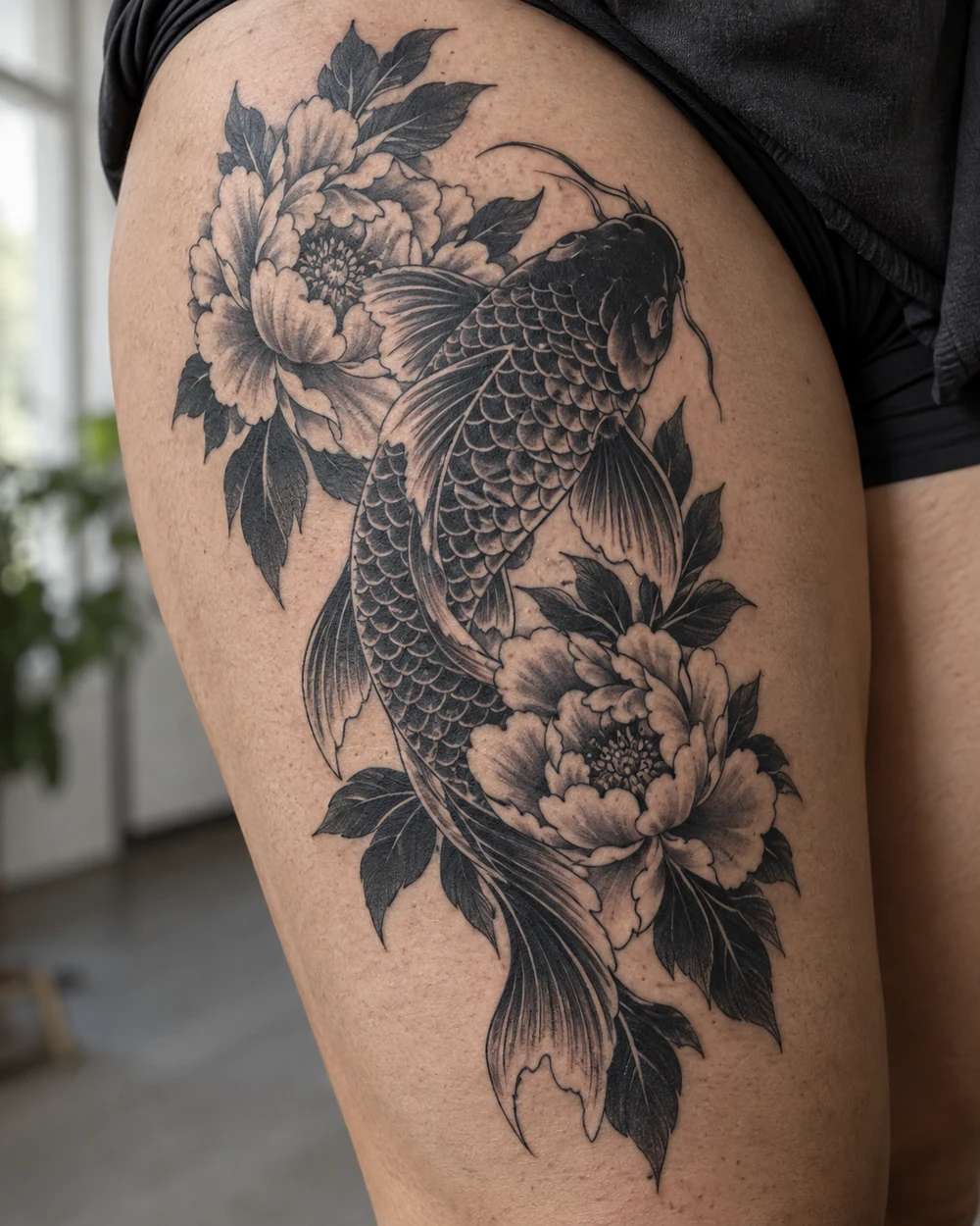 Black koi fish with patterned scales winding between two peony flowers in a thigh tattoo