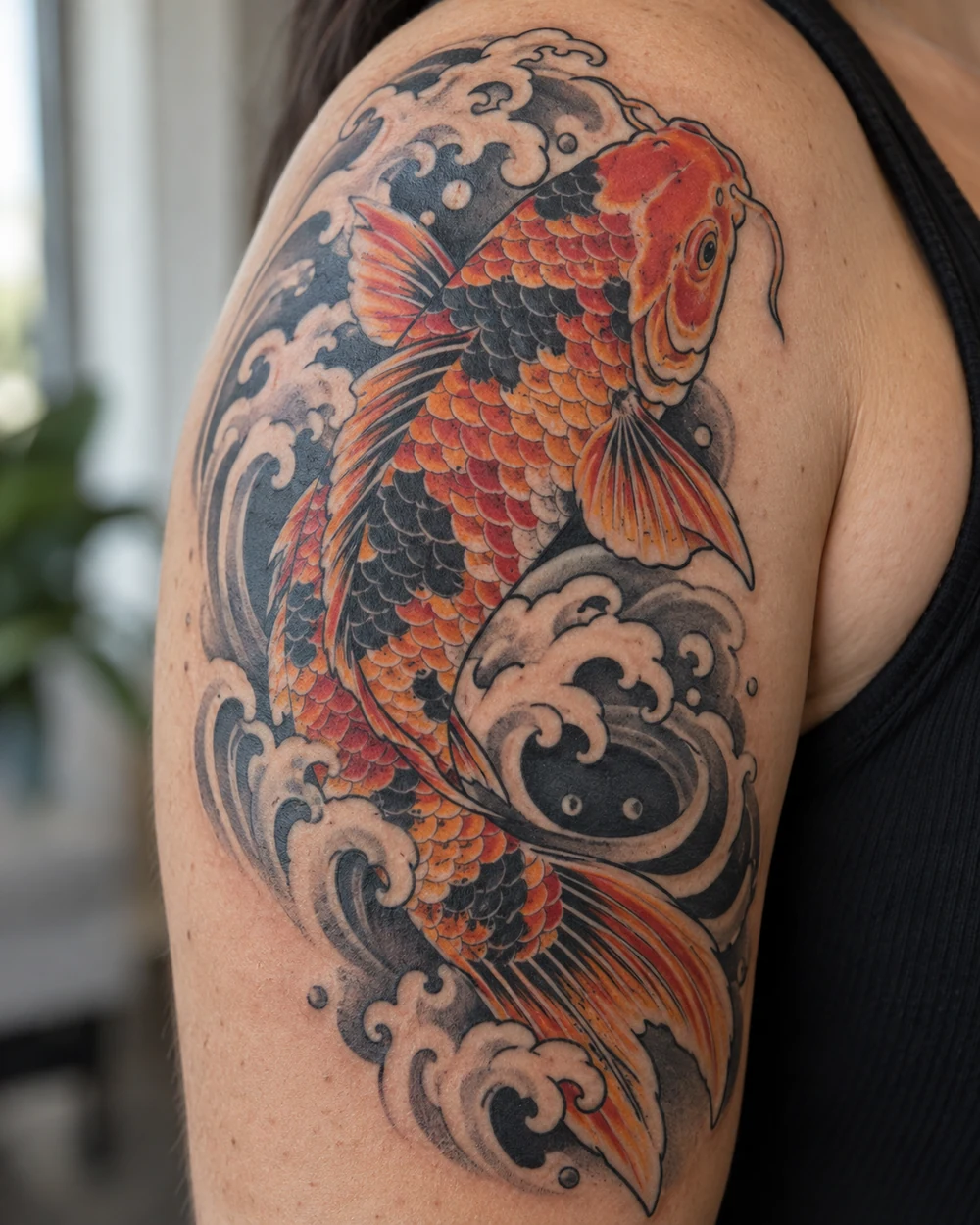 Traditional orange, red, and black koi fish tattoo with curling waves on an upper arm