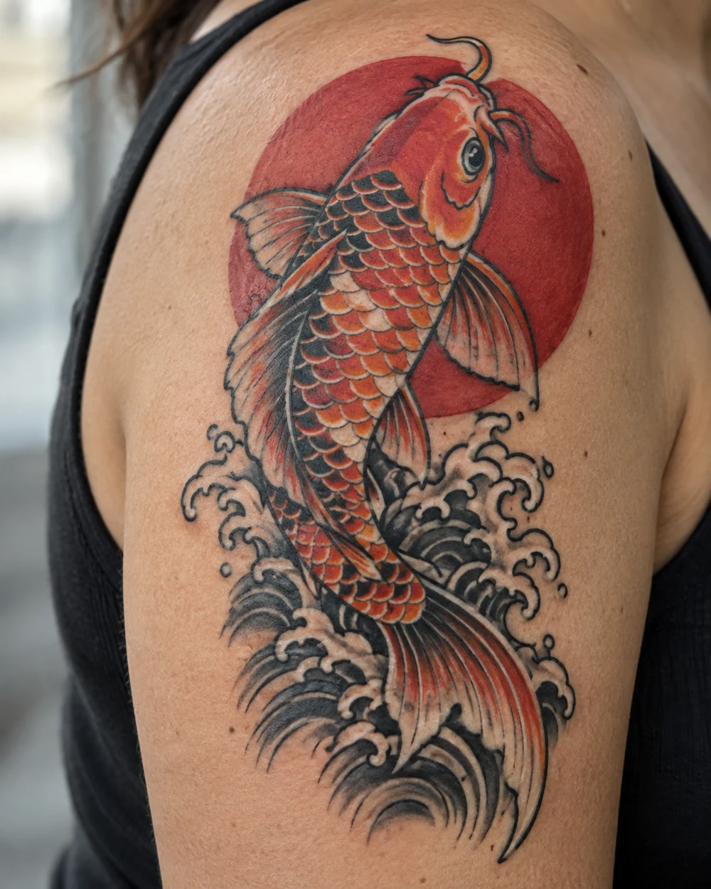Traditional orange and red koi fish tattoo swimming upward across a red sun with dark waves on a shoulder