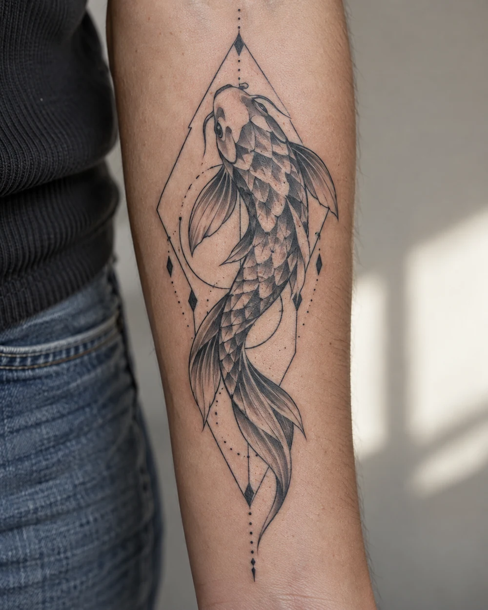 Black and gray geometric koi fish tattoo with faceted scales and dotted diamond framing on a forearm