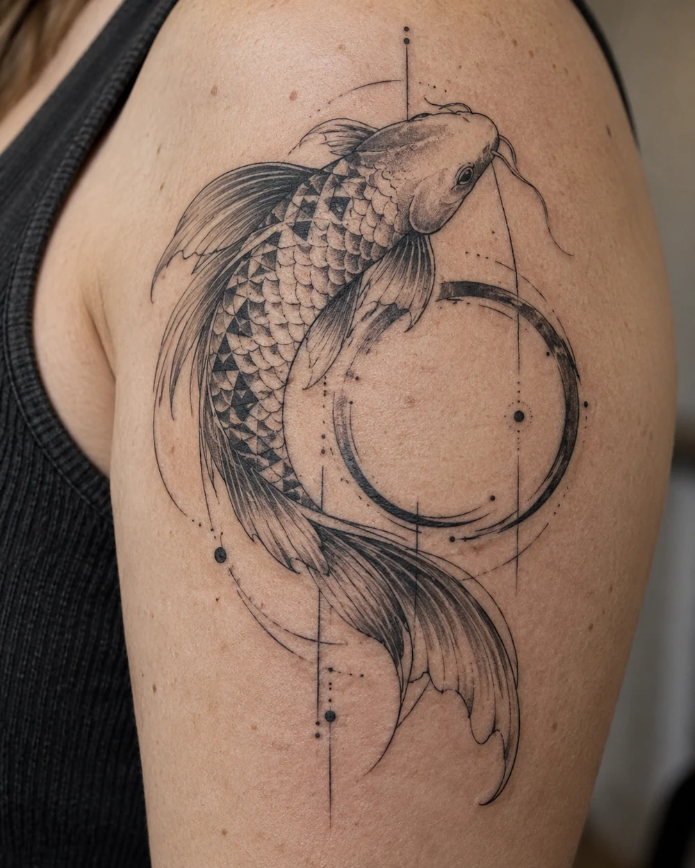Black geometric koi fish tattoo sweeping around an open circular ring on an upper arm