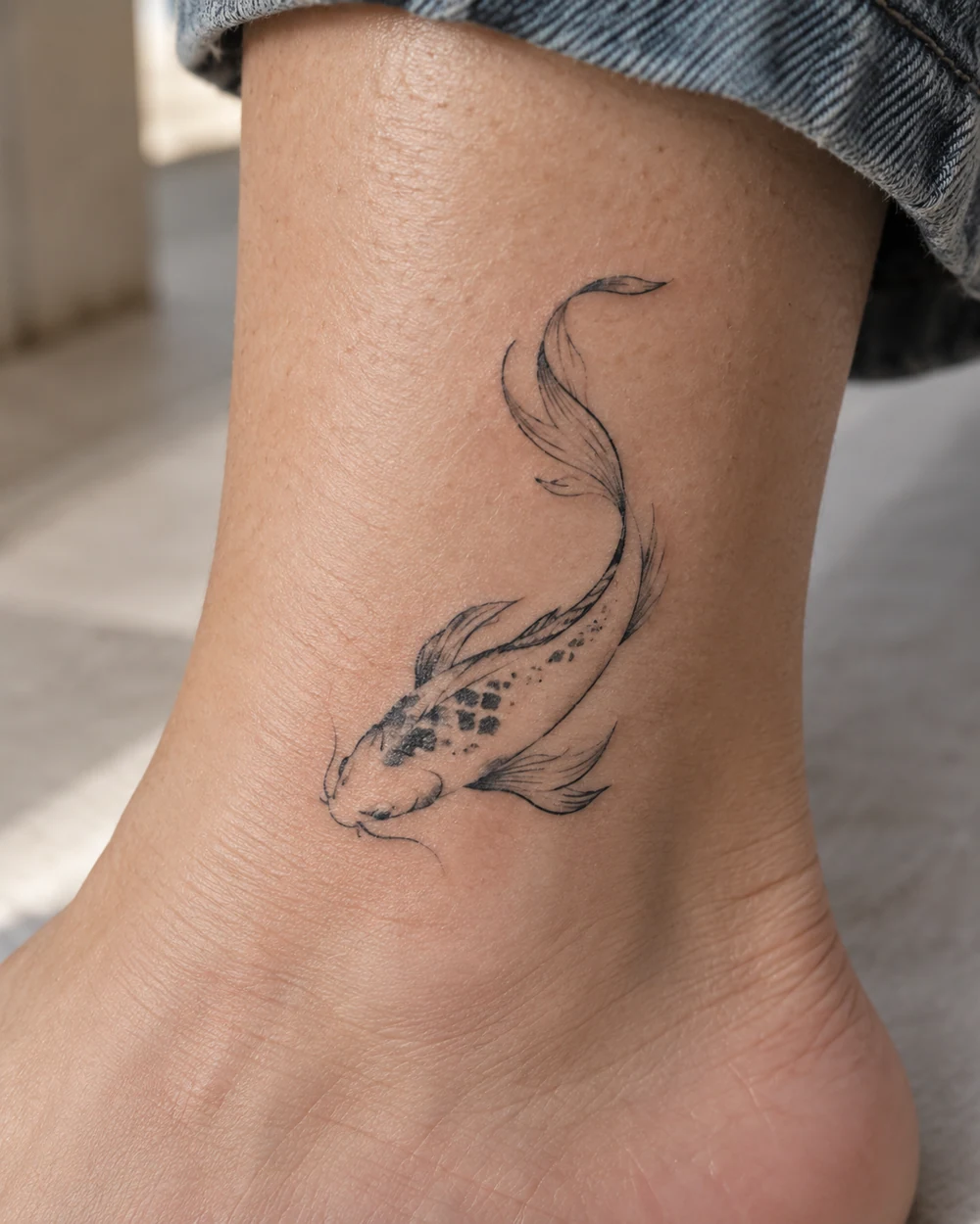 Minimalist black koi fish tattoo in a flowing single-line style on an ankle