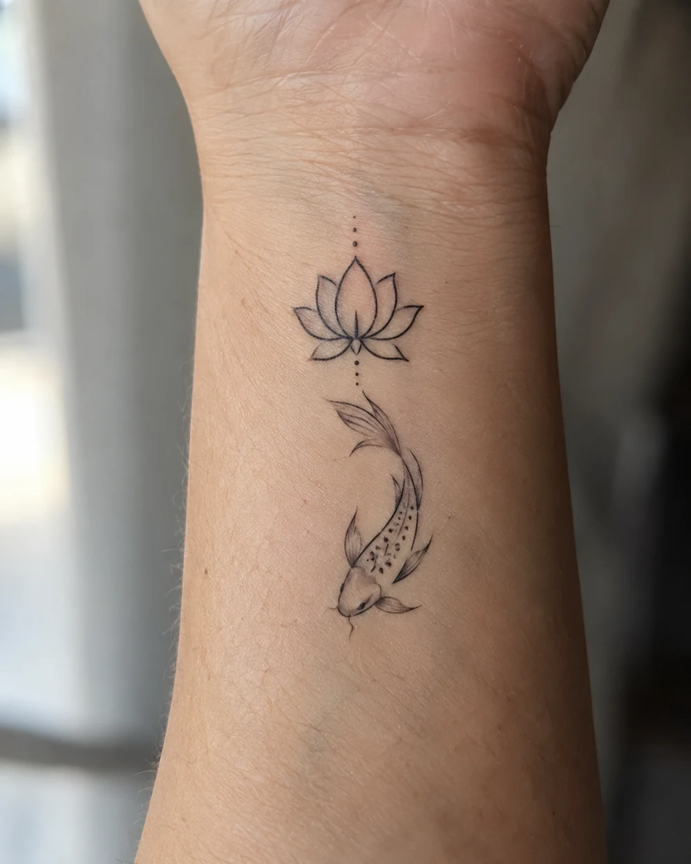 Minimalist curved koi fish tattoo beneath an outlined lotus on a wrist