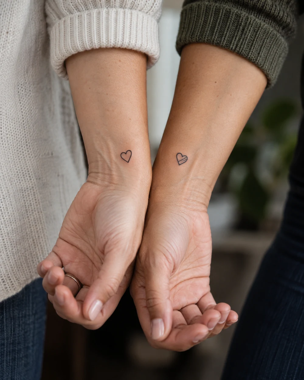 Matching tiny outlined heart tattoos on two wrists, one with a fine interior stripe