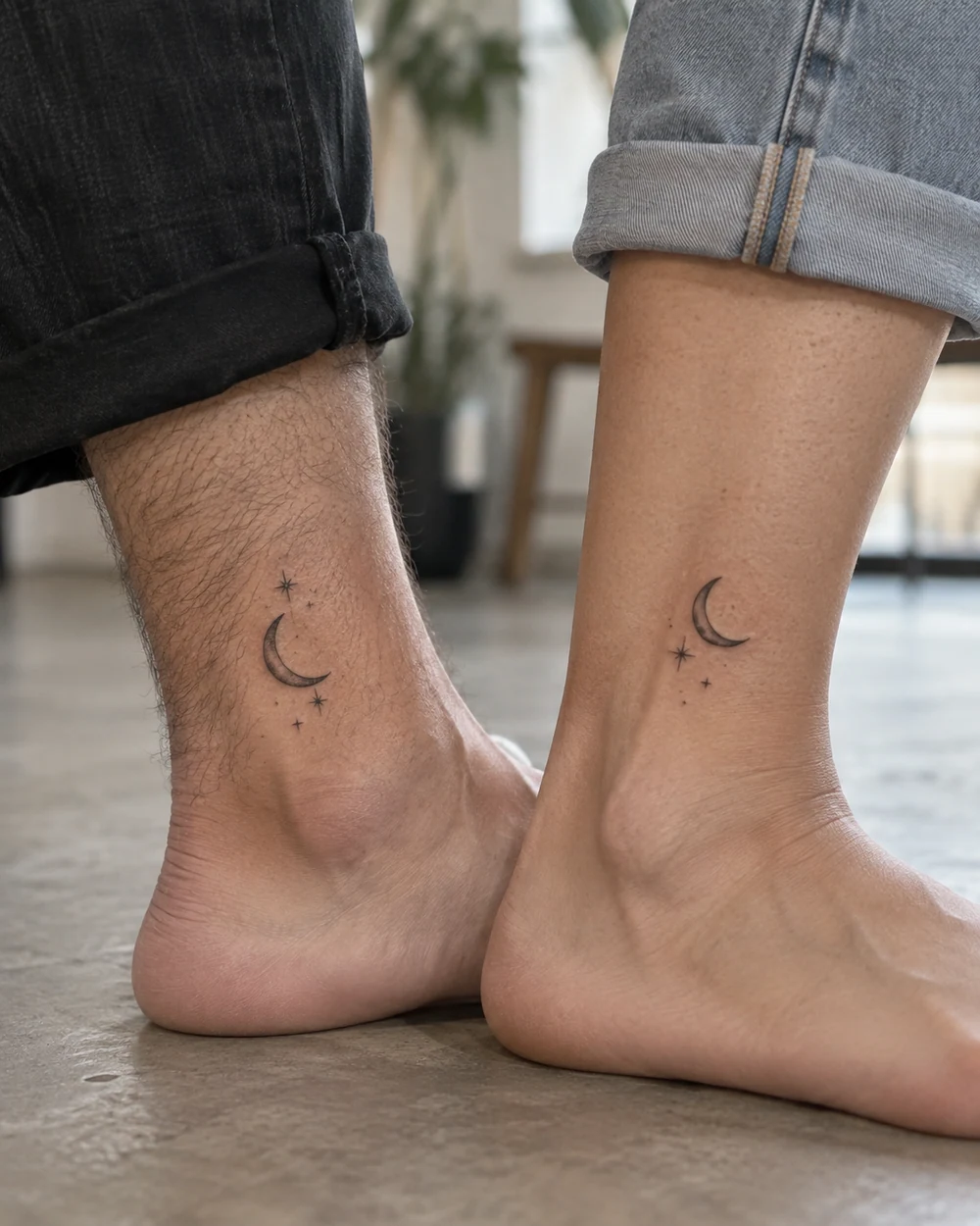 Paired crescent moon and tiny star tattoos on two adult ankles