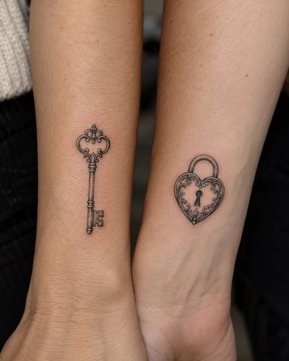 Small ornate black key tattoo and matching heart-shaped lock tattoo on adjacent inner forearms