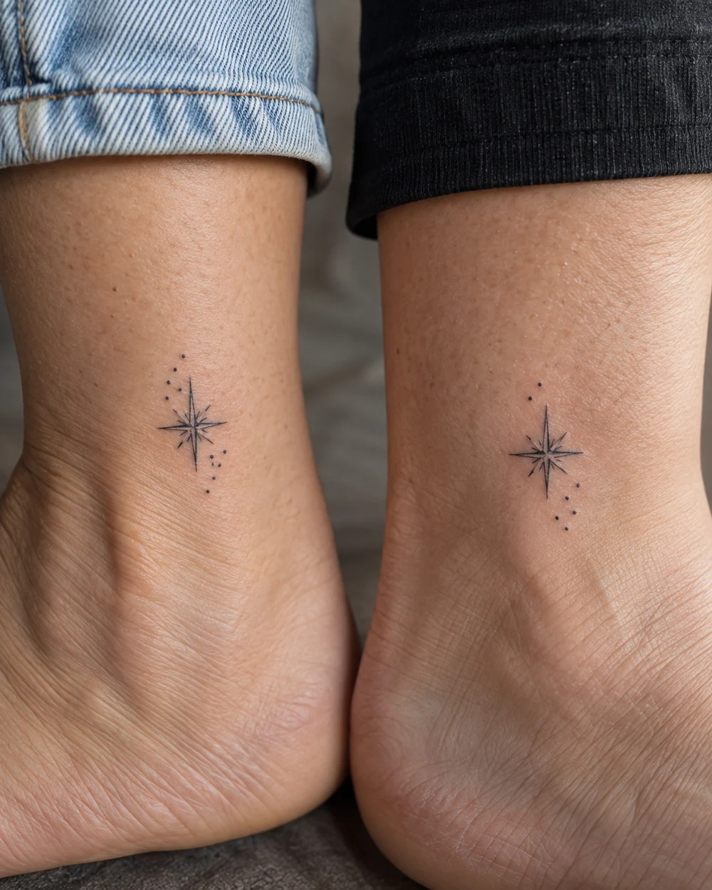 Two ankles with matching fine-line black star tattoos and varied dot clusters