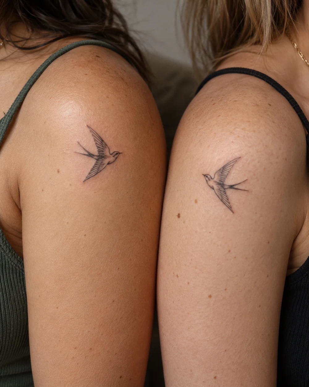 Two small fine-line flying bird tattoos angled toward each other on women’s shoulders