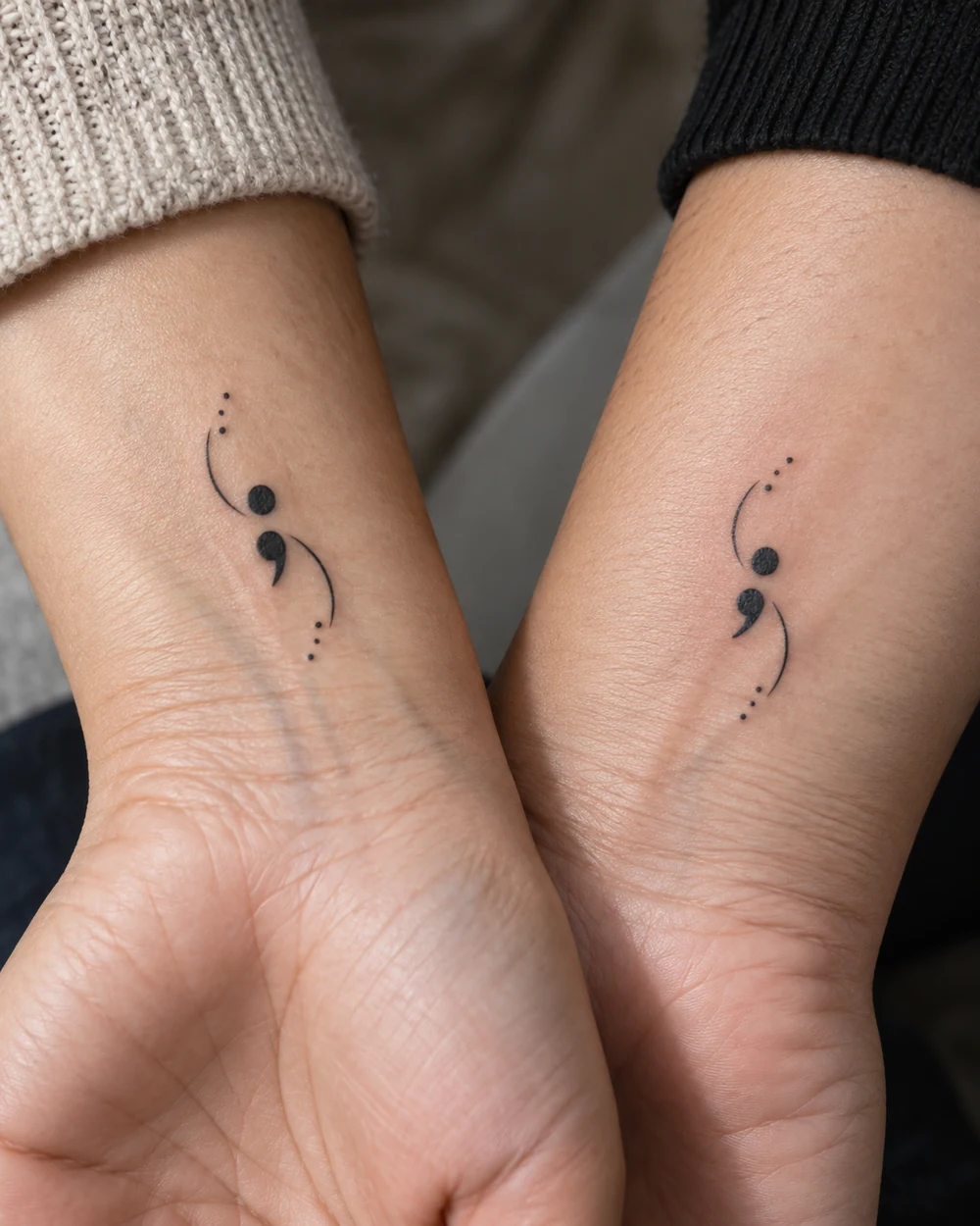 Matching black semicolon tattoos with curved accents on two wrists