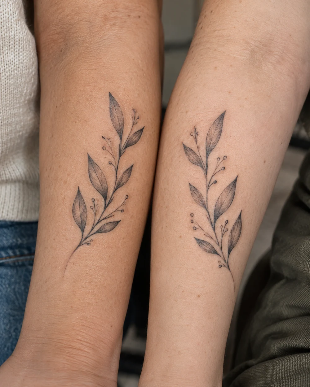 Mirrored fine-line botanical sprig tattoos with shaded leaves on two forearms