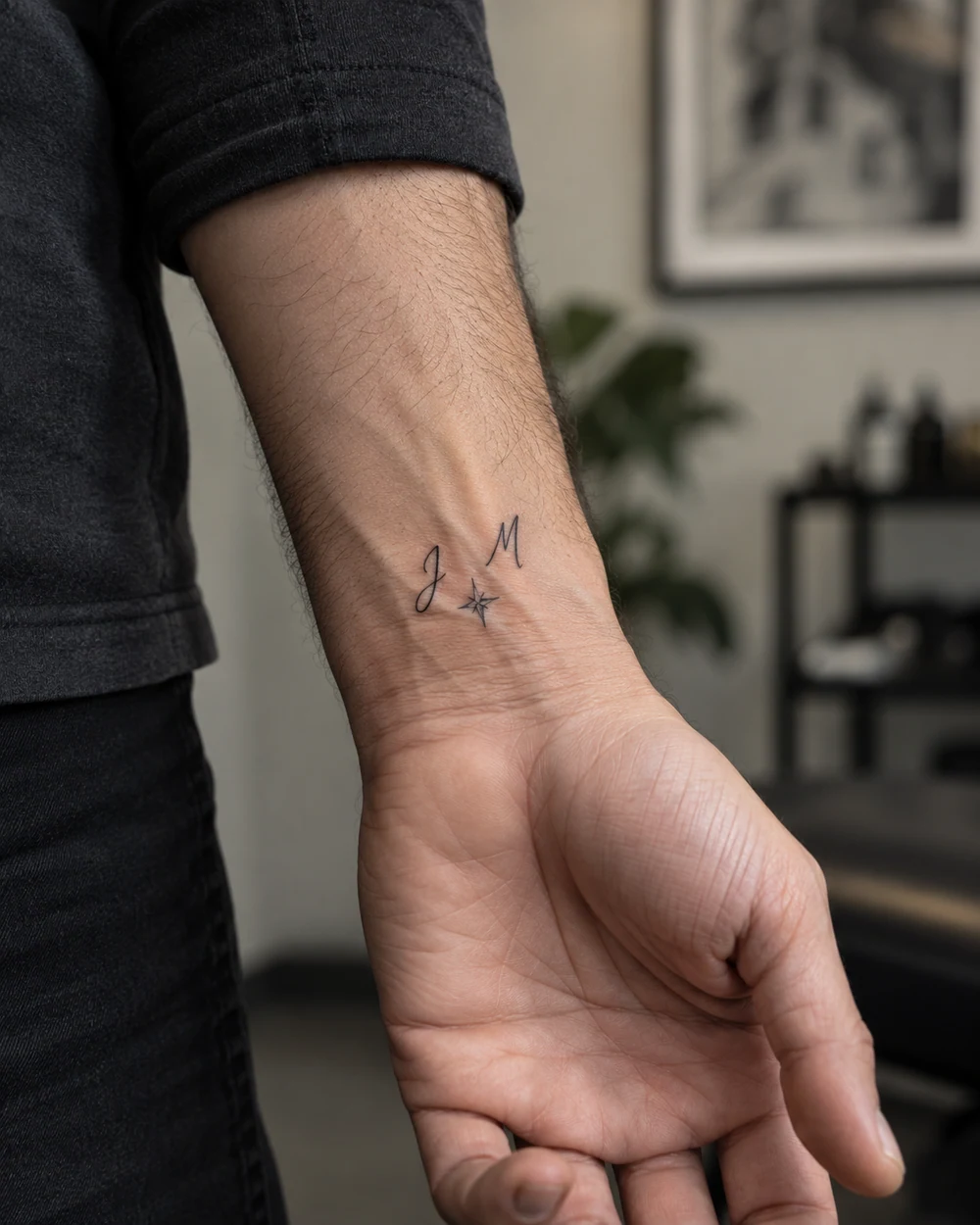 Fine-line tattoo of two initials and a four-point star on an inner wrist