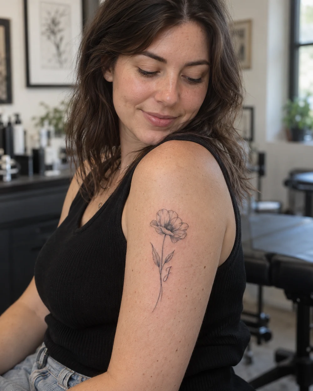 Fine-line flower tattoo with two leaves and a small initial on an upper arm