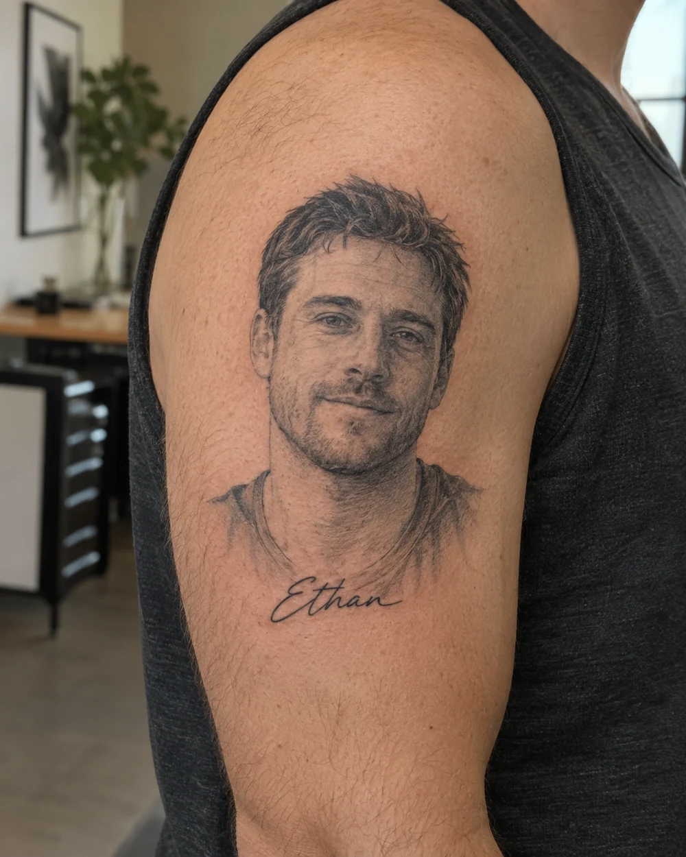 Fine-line brother portrait memorial tattoo with a short name on an upper arm