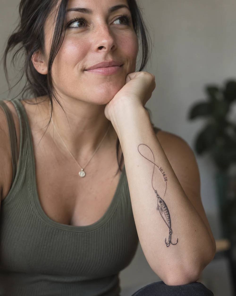 Fine-line fishing lure tattoo with a curved line and date on a lower forearm