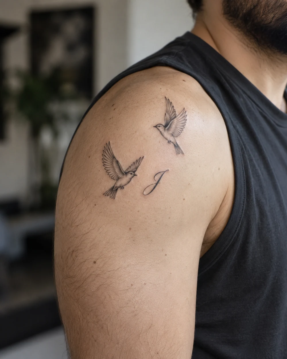 Fine-line tattoo of two small birds rising above an initial on a man's shoulder