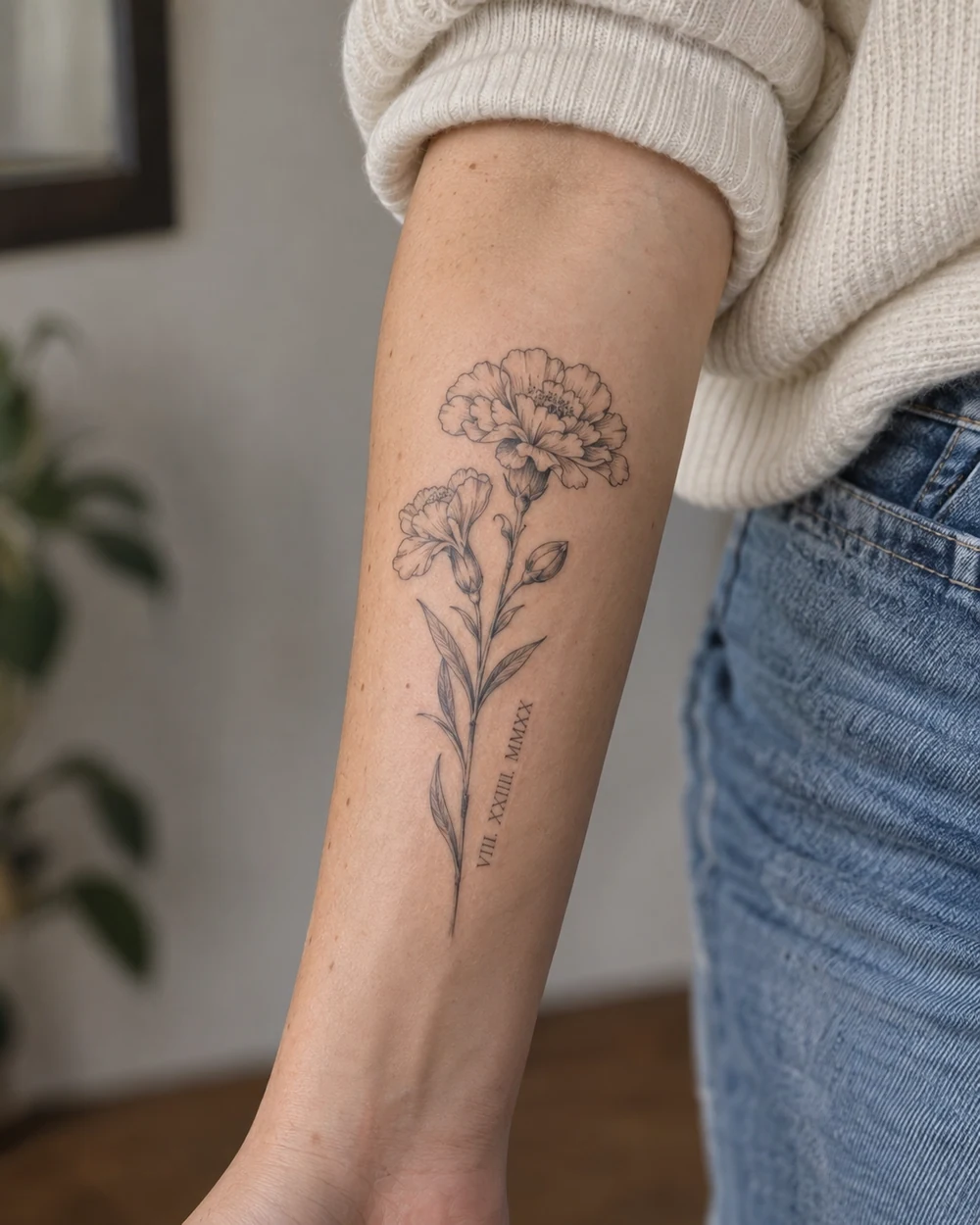 Fine-line birth flower stem and Roman numeral memorial tattoo on an outer forearm
