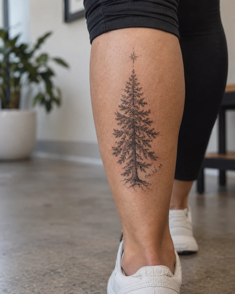 Fine-line cedar tree tattoo with a star and curved date on a calf