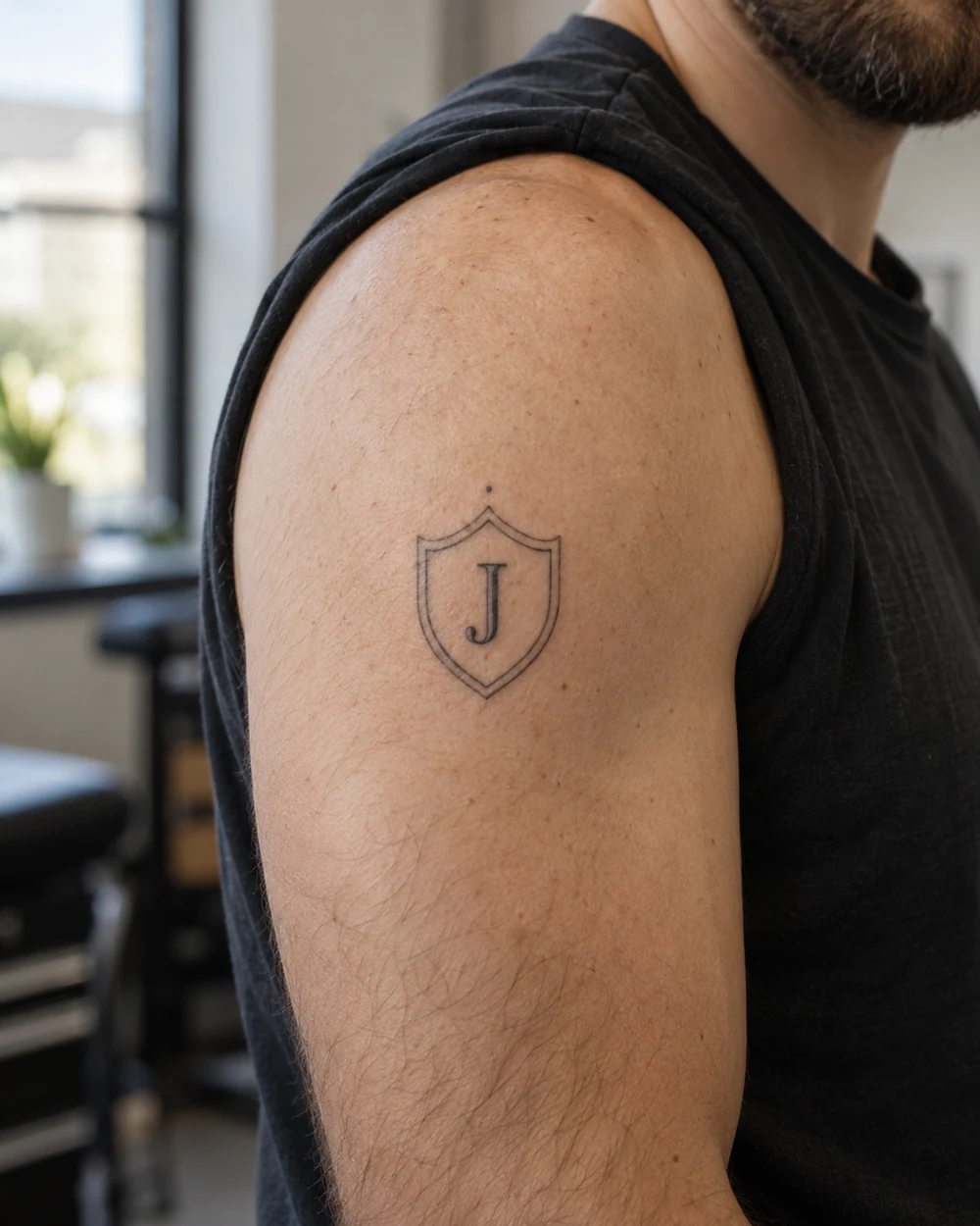 Fine-line shield emblem tattoo with an initial and dot above, placed on an upper arm.