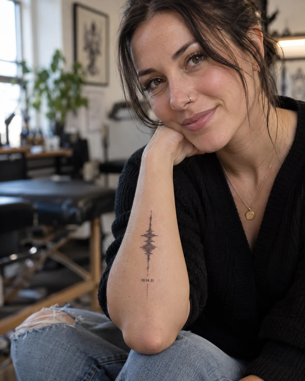 Adult woman displaying a fine-line black sound-wave tattoo and date on her forearm