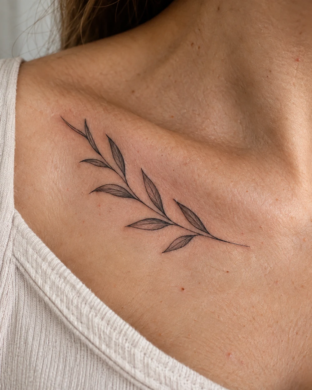 Black fine-line olive branch tattoo along a collarbone