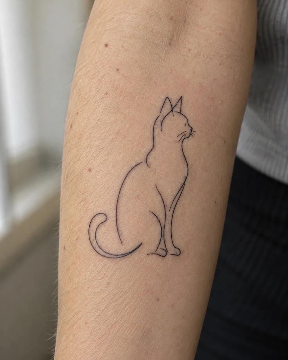 Sparse black continuous-line tattoo of a seated cat with pointed ears and a curled tail on a forearm