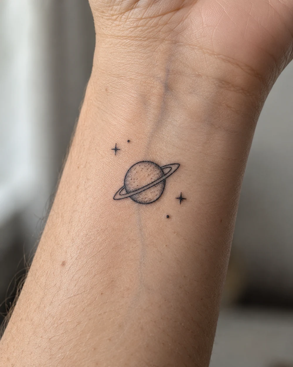 Small black ringed planet and three star dots tattoo on a wrist