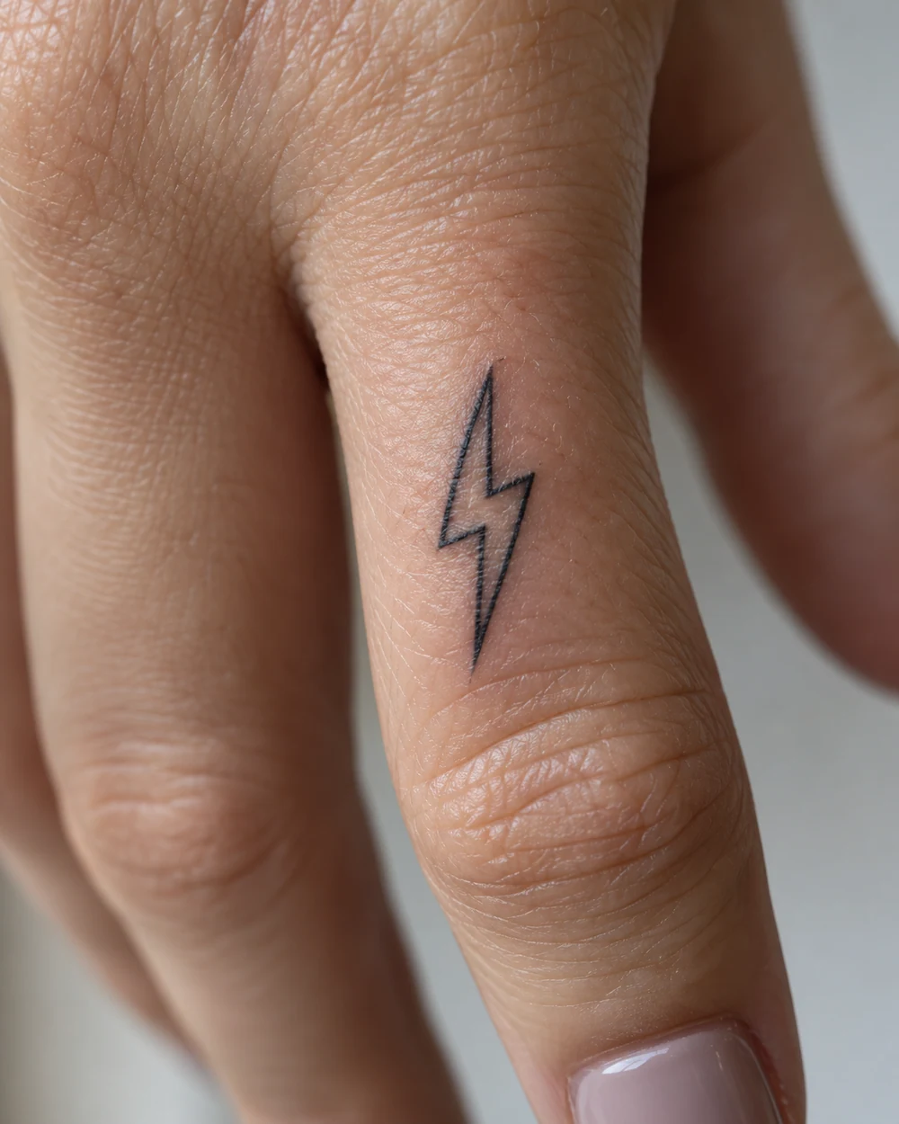 Tiny black outline lightning bolt tattoo on the side of a finger