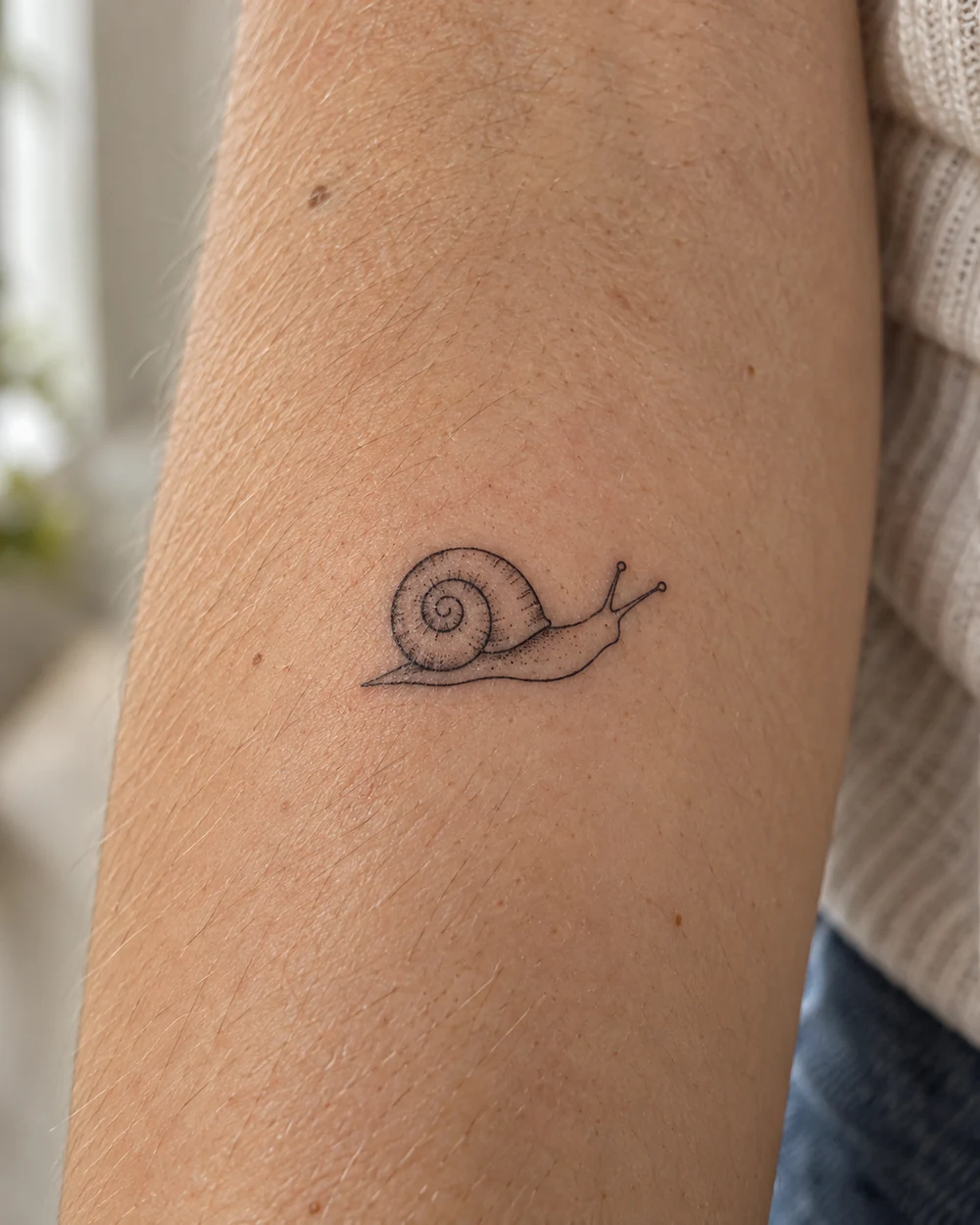 Tiny fine-line black snail tattoo with a spiral shell on the forearm