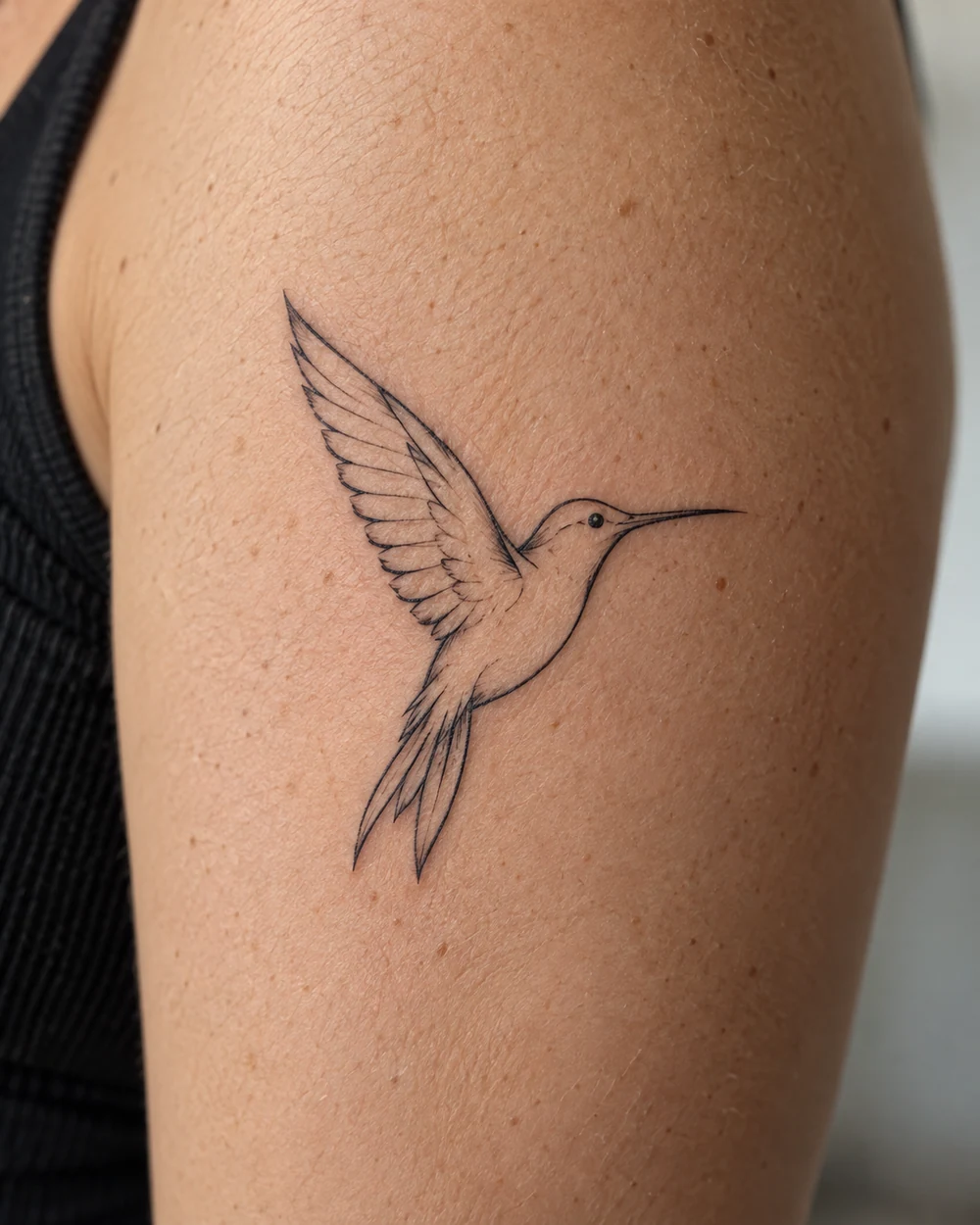 Fine-line black hummingbird outline tattoo on an upper arm