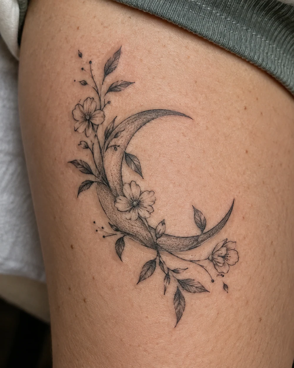 Fine-line crescent moon tattoo entwined with leafy stems and small blossoms on the upper thigh