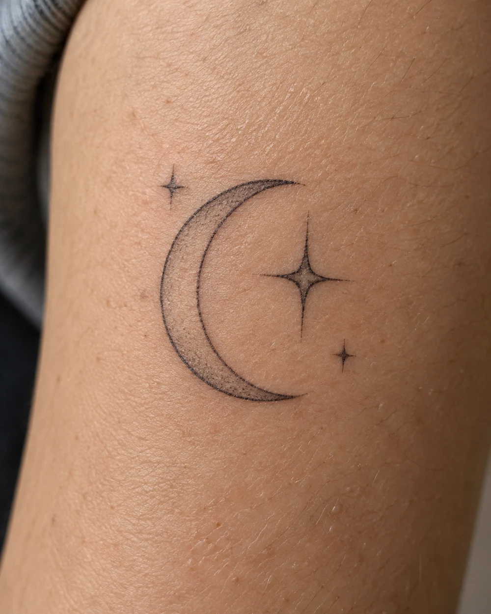 Fine-line crescent moon tattoo with one prominent four-point star and two smaller surrounding stars