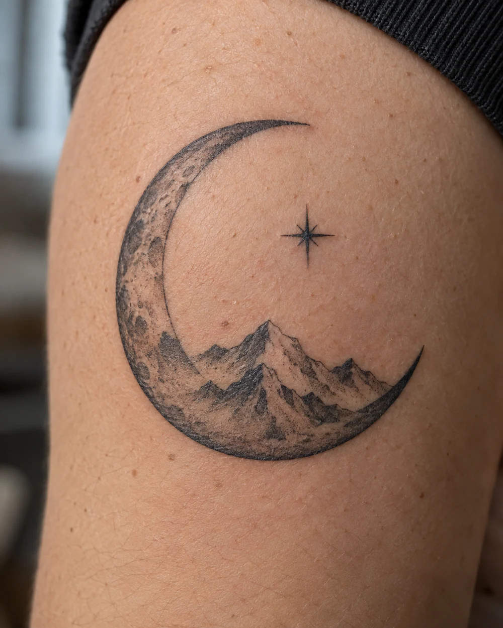 Crescent moon tattoo framing a shaded mountain ridge, with one small star overhead