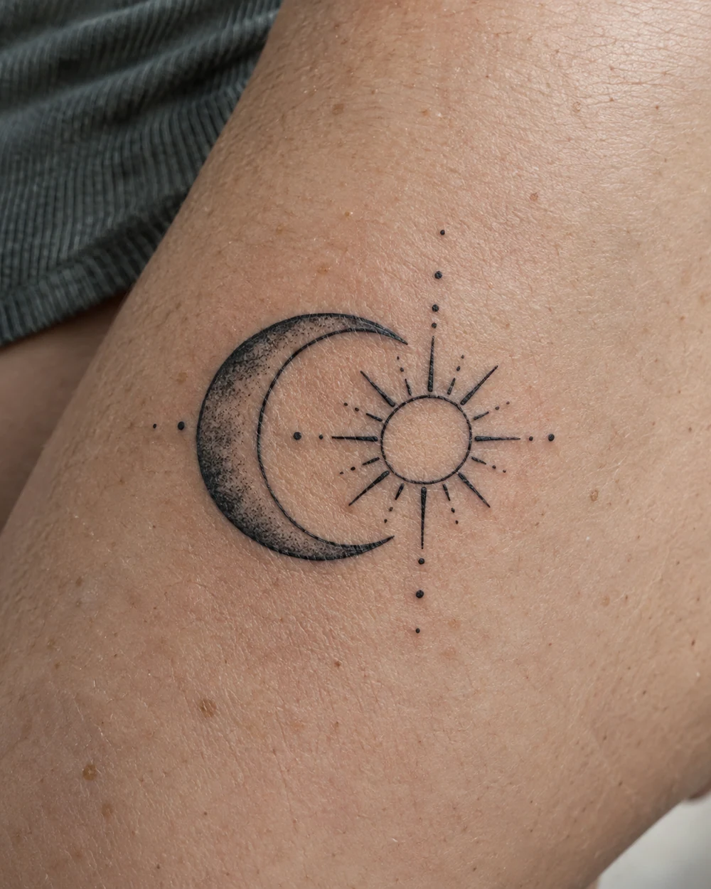 Black crescent moon and outlined sun tattoo with short rays and dot accents on skin