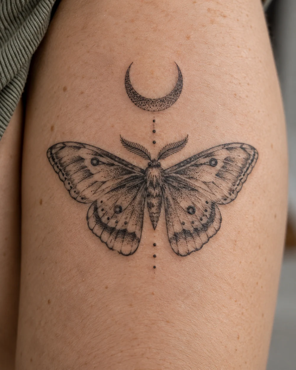 Symmetrical moth tattoo beneath a crescent moon tattoo with small dot accents