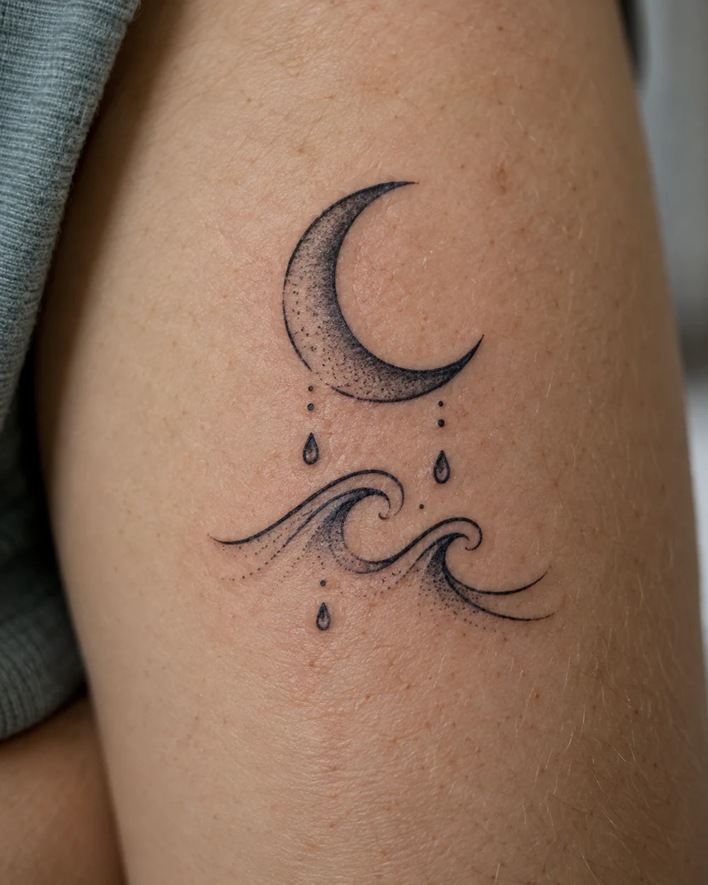 Black crescent moon tattoo above two curling ocean wave lines and suspended droplets on skin