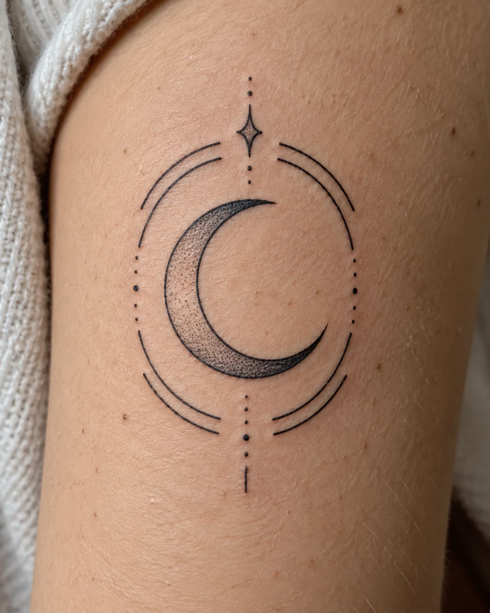 Open stippled crescent tattoo framed by fine geometric arcs, dots, and a small diamond on the upper arm