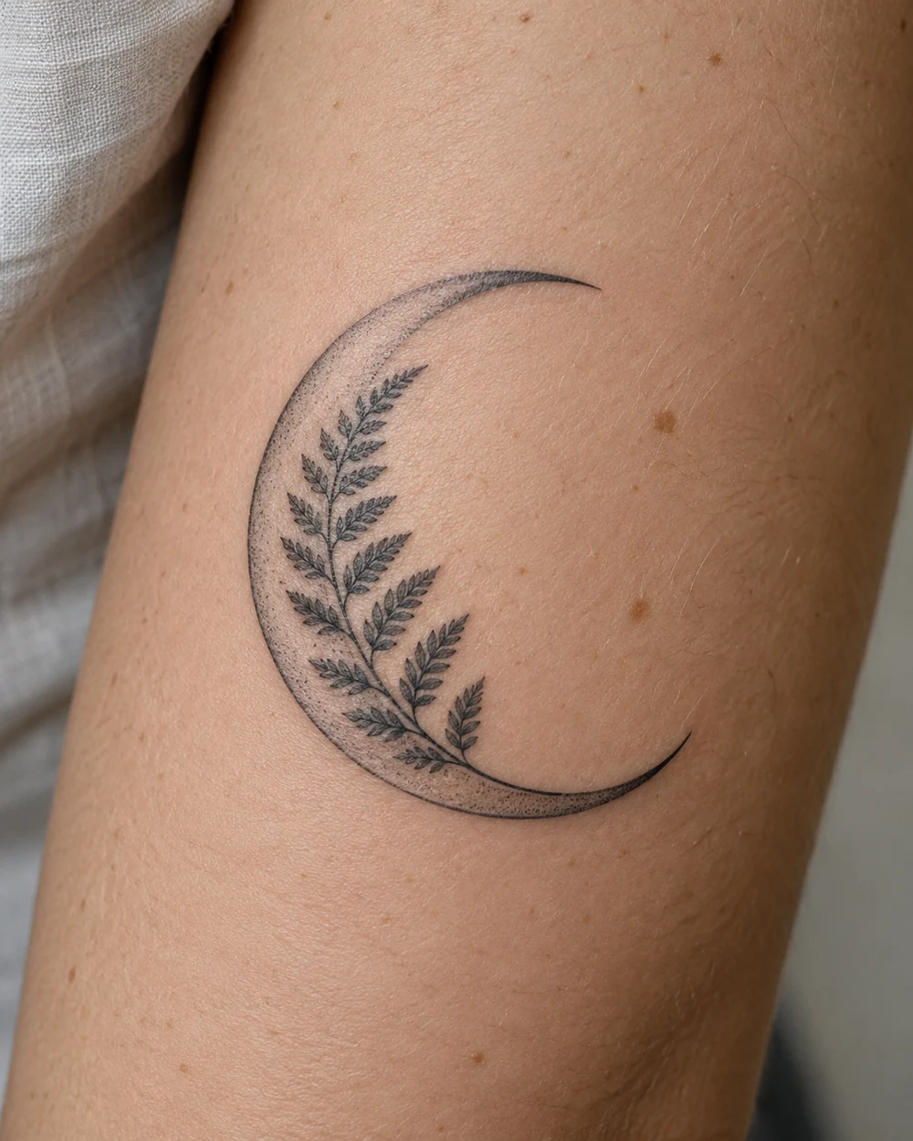 Black crescent moon tattoo with a fine-line fern frond and paired leaflets