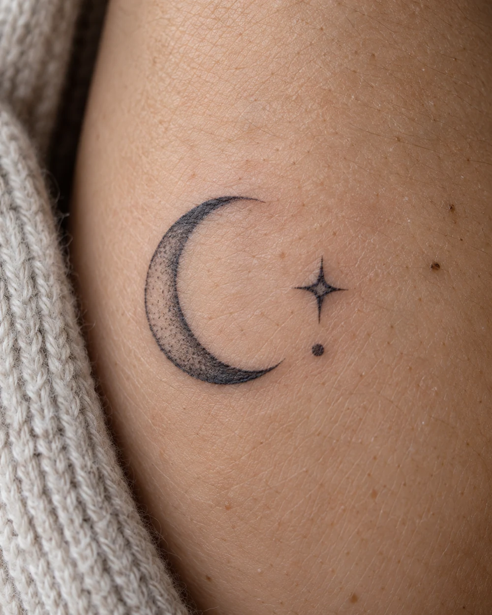 Compact crescent moon tattoo with a four-point star and dot on the upper chest