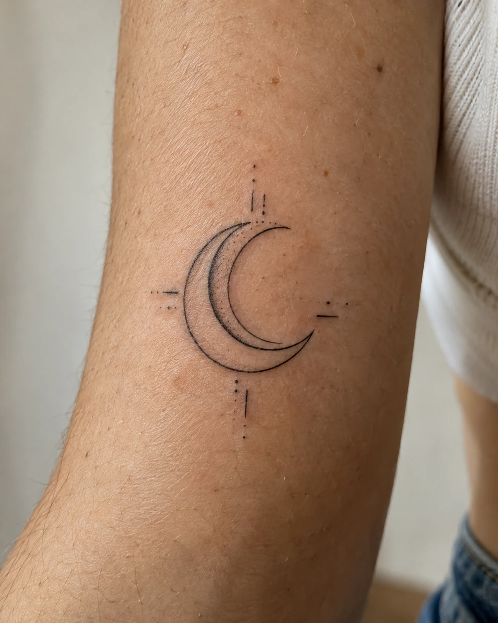 Fine-line tattoo of two offset crescent outlines with small dots and short marks on an arm