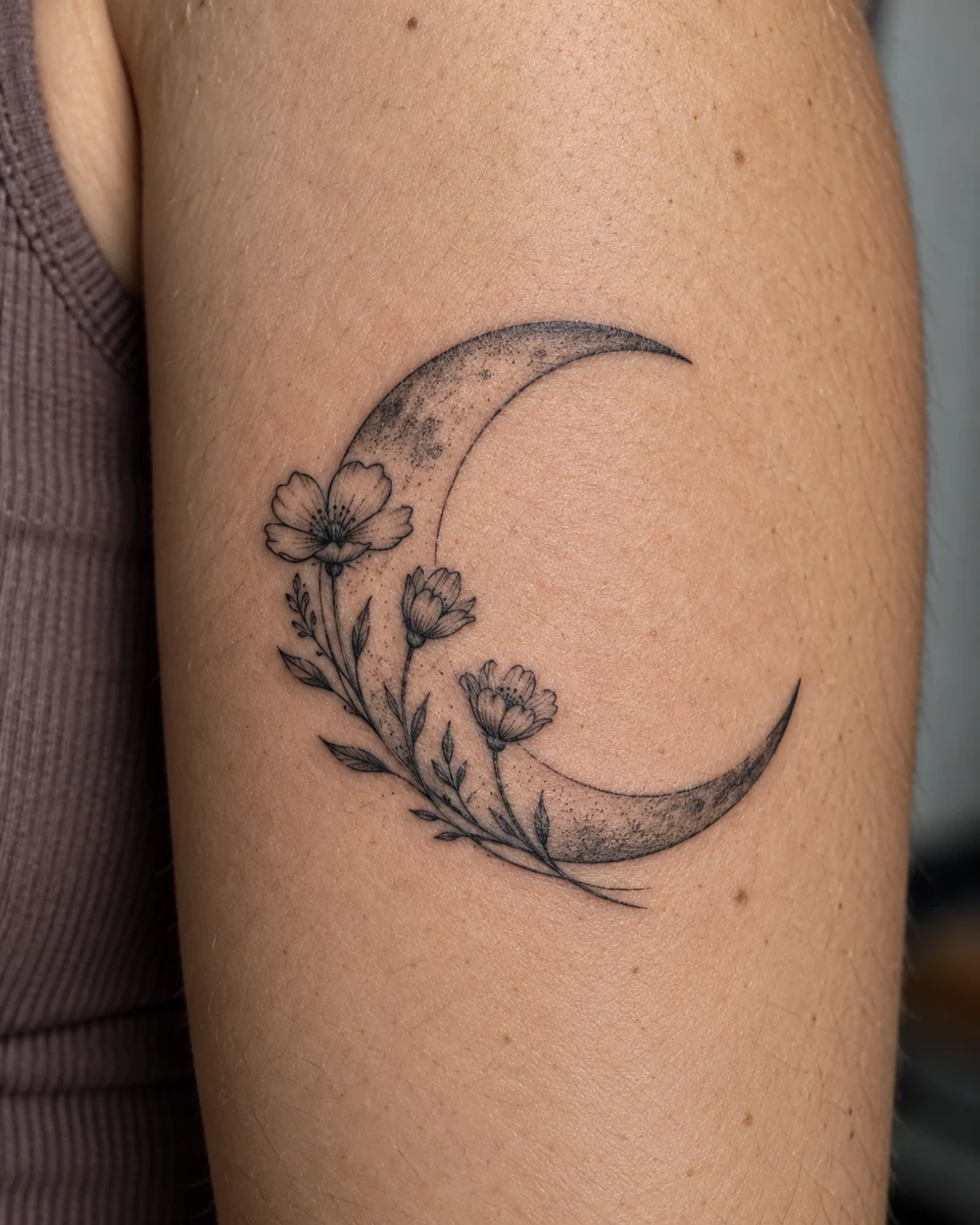 Black crescent moon tattoo with three small wildflowers and slender stems curving along its lower edge on an upper arm